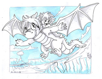 anthro claws closed_smile cloud duo fangs finger_claws flying horn logo male membrane_(anatomy) membranous_wings mouth_closed open_mouth open_smile outside riding sky smile teeth toe_claws wings young young_anthro young_male pandapaco mythology dragon mythological_creature mythological_scalie scalie 2015 artist_logo dated partially_colored signature traditional_media_(artwork)