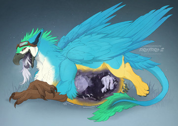 ambiguous_feral ambiguous_gender ambiguous_pred ambiguous_prey beak black_beak blue_body blue_feathers blue_wings bodily_fluids brown_eyes duo feathered_wings feathers feral glistening glistening_eyes grass lying on_front open_mouth plant saliva saliva_string side_view simple_background vore white_body white_feathers wings yellow_body yellow_feathers santanahoffman mythology avian gryphon mythological_avian mythological_creature