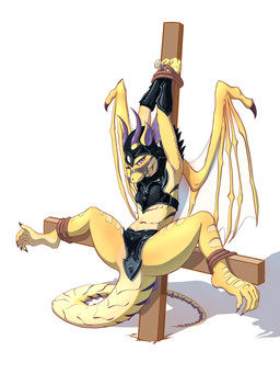anthro armor bound clothing cross inverted_cross male rope simple_background solo spread_legs spreading tail white_background ktk's_sky blizzard_entertainment european_mythology mythology warcraft dracthyr dragon mythological_creature mythological_scalie scalie western_dragon absurd_res hi_res