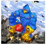 aircraft airplane anthro beak blue_body border bulge city clothing crouching destruction detailed_bulge explosion feathers green_eyes jet macro macro_anthro macro_male male muscular muscular_male speedo swimwear tank_(vehicle) vehicle white_border wolfmalro nintendo star_fox falco_lombardi avian bird hi_res