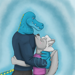 2_tails 4_fingers 5_fingers anthro bent_arm black_bottomwear black_claws black_clothing black_lips black_nose blue_background blue_body blue_claws blue_clothing blue_scales blue_scar blue_shirt blue_tail blue_topwear blush bottomwear claws closed_smile clothed clothed_anthro clothed_male clothing duo eyebrows eyes_closed facial_scar finger_claws fingers fully_clothed fully_clothed_anthro fully_clothed_male grey_tail hair half-closed_eyes head_on_chest holidays hug hugging_another hugging_partner inner_ear_fluff interspecies larger_anthro larger_male light lips logo long_tail looking_down looking_down_at_partner love male male/male male_anthro membrane_(anatomy) mouth_closed multi_tail narrowed_eyes neck_tuft pockets purple_bottomwear purple_clothing purple_shirt purple_topwear saggy_neck scales scar scuted_tail scutes shirt simple_background size_difference smaller_anthro smaller_male smile smiling_at_another smiling_at_each_other tail thick_bottom_lip topwear tuft wavy_hair webbed_hands whiskers white_eyebrows white_hair white_inner_ear_fluff yellow_scutes skywater valentine's_day azrael_(tertia) nathile_tiduna alligatorid azurlligator canid canine canis crocodilian mammal reptile scalie wolf 1:1 2026 adobe_photoshop_(artwork) artist_logo colored digital_drawing_(artwork) digital_media_(artwork) english_description hi_res lighting shaded