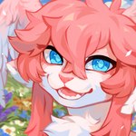 ambiguous_gender anthro blue_eyes feathered_wings feathers fur glistening glistening_eyes hair looking_at_viewer markings open_mouth open_smile outside pink_body pink_fur pink_wings red_hair red_markings red_nose red_tongue smile solo tongue white_body white_fur white_wings wings corzh77 species_request 1:1 hi_res