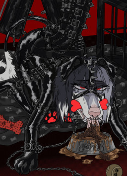 ambiguous_gender anthro ass_up bdsm bdsm_room bodily_fluids bondage bondage_gear bondage_gloves bone_gag bound bowl cage chain clothing container eating_feces feces feces_in_bowl feces_in_mouth gag genital_fluids handwear harness latex latex_clothing latex_skinsuit multiple_piercings paw_mitts pet_bowl petplay piercing puppyplay roleplay scatplay skinsuit solo tight_clothing urine watersports uselesspuppy canid canine canis domestic_dog hunting_dog mammal sighthound hi_res