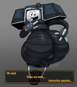 3_fingers big_butt butt cathode_ray_tube dialogue_box exclamation_point fingers grey_background hand_on_butt machine male not_furry open_mouth rear_view screen screen_face simple_background solo text thick_thighs wheel completedlemon fallout microsoft yes_man_(fallout) robot securitron_(fallout) 2025 english_description english_text hi_res