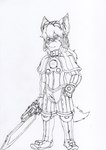 anthro blaster gun male melee_weapon ranged_weapon solo sword weapon foxero cyberconnect2 little_tail_bronx solatorobo red_savarin akita akita_inu canid canine caninu canis domestic_dog mammal spitz 2021 absurd_res hi_res traditional_media_(artwork)