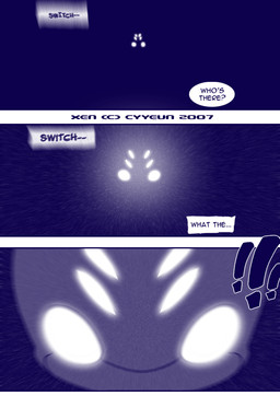ambiguous_gender anthro approach dialogue exclamation_point glowing glowing_eyes looking_at_viewer machine solo text cyyeun xen_(series) switch_(xen) robot robot_anthro 2007 artist_name blue_and_white blue_monochrome comic dated english_text monochrome