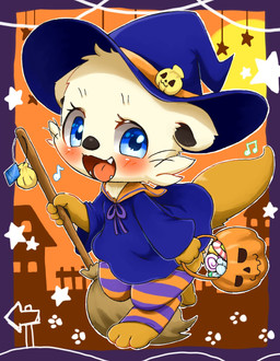 anthro blue_clothing blue_eyes blush broom candy cleaning_tool clothed clothing costume dessert facial_tuft fangs feet female food fur hat headgear headwear holidays legwear looking_at_viewer magic_user musical_note musical_symbol open_mouth orange_clothing smile solo symbol tan_body teeth toes tongue tuft white_body white_fur witch witch_hat nakanishi023 halloween mammal mustelid musteline otter sea_otter 2022 hi_res