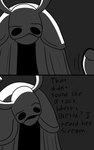 2_horns 2_panel_comic black_eyes black_text clothed clothing dialogue ellipsis eyebrows horn male mostly_offscreen_character motion_lines mouth_closed open_mouth question_mark solo talking_to_another text white_head skeletorskeletonized elderbug_(hollow_knight) arthropod 2020 comic digital_media_(artwork) english_text hi_res