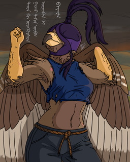 amputee anthro armpit_tuft beak belt biceps blindfold bottomwear brown_body brown_feathers bullet_wound claws clothed clothing crop_top disability falconry_hood feathers female fire flexing flexing_bicep hood midriff missing_hand mongolian muscular navel outside pants rope rope_belt scar shirt sky solo text topwear wings yellow_arms conditional_dnp midtierburrito bayarma_(midtierburrito) accipitrid accipitriform avian bird eagle golden_eagle true_eagle 4:5 digital_media_(artwork) hi_res mongolian_text signature