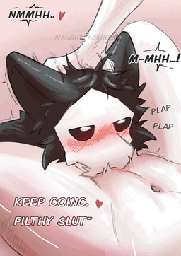 anthro black_body black_fur black_sclera blush blush_lines bone bone_mask cheek_tuft deep_throat dialogue duo facial_tuft fellatio forced forced_oral fur holding_head insult male male/male mask moan navel onomatopoeia oral oral_penetration penetration penile plap questionable_consent sex skull skull_mask sound_effects speed_lines talking_to_another text tuft white_body white_eyes white_fur white_mask naughtyscribble changed_(video_game) dr._k_(changed) puro_(changed) canid canine canis goo_creature mammal wolf english_text hi_res