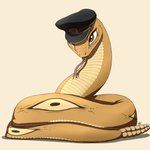 clothed clothed_feral clothing female female_feral feral forked_tongue hat headgear headwear limbless_vertebrate looking_at_viewer simple_background solo tongue tongue_out louart beastars rokume_(beastars) pit_viper rattlesnake reptile scalie snake viper 1:1 2021 absurd_res hi_res signature