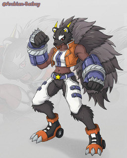 black_body black_fur boots chaps claws clothing crop_top dark_body dark_skin female footwear fur midriff navel paws raccoon_tail_hair shirt shoes solo spiked_knuckles topwear arabianbatboy bandai_namco digimon digimon_beatbreak bearcatmon binturong_humanoid digimon_(species) humanoid hi_res