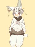 accessory anthro backwards_virgin_killer_sweater barefoot blush bottomless breasts clothed clothing covering covering_breasts ear_piercing exposed_breasts feet female female_anthro fur grey_hair hair hair_accessory hair_bun hairclip heart_eyes heart_symbol highlights_(coloring) kemono kneeling looking_at_viewer open_mouth partially_clothed piercing plantigrade simple_background solo sweater topwear virgin_killer_sweater white_body white_fur white_hair yellow_background mikeyama meme_clothing lagomorph leporid mammal rabbit 3:4 hi_res meme