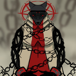 3_eyes alternate_species anthro biped bound chain chained clothed clothing grin looking_at_viewer male multi_eye pointy_ears prick_ears red_eyes smile solo heca-teaa cult_of_the_lamb massive_monster_(studio) narinder canid canine canis mammal wolf 1:1 2024 hi_res