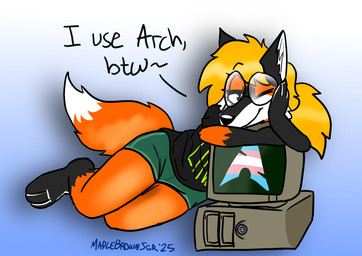 anthro barefoot black_body black_clothing black_fur black_shirt black_topwear blonde_hair blue_background bottomwear clothing computer dialogue dipstick_tail electronics eyewear feet female fluffy fluffy_tail fur glasses gradient_background green_bottomwear green_clothing green_shorts hair hand_on_head leaning_on_object leg_markings lgbt_pride markings monitor one_eye_closed orange_body orange_fur pride_colors red_body red_fur round_glasses shirt shorts simple_background smile socks_(marking) solo t-shirt tail tail_markings tail_tuft text text_on_clothing text_on_shirt text_on_topwear topwear transgender_pride_colors tuft white_background white_body white_fur white_inner_ear wink maplebrownsgr arch_linux linux xenia_(linux) canid canine fox mammal red_fox true_fox 2025 dated digital_drawing_(artwork) digital_media_(artwork) english_text hi_res signature trans_(lore) trans_woman_(lore)