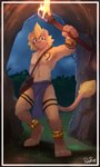 anthro black_stripes blonde_hair blue_bottomwear blue_clothing blue_loincloth bottomwear cave clothed clothing front_view fur glistening glistening_eyes hair holding_object holding_torch inside loincloth male markings mouth_closed night nipples sky slim slim_anthro slim_male solo standing star striped_body striped_fur striped_legs stripes tail tail_tuft tan_body tan_ears tan_fur tan_tail topless torch tribal tuft yellow_tail_tuft pache_riggs franko_(negy) felid lion mammal pantherine 3:5 absurd_res full-length_portrait hi_res portrait signature