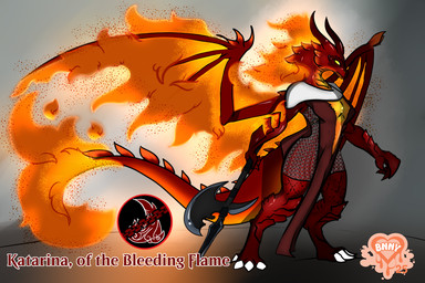 anthro armor breasts claws clothed clothing fiery_hair fiery_wings fire horn medium_breasts muscular non-mammal_breasts red_body scales simple_background solo weapon wide_hips wings succubusbnny european_mythology mythology dragon mythological_creature mythological_scalie scalie western_dragon 3:2
