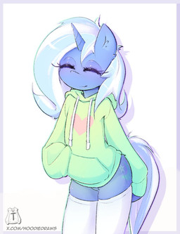 1_horn anthro anthrofied biped blue_body blue_hair blue_horn blue_tail border bottomless bottomless_anthro bottomless_female casual_exposure closed_smile clothed clothed_anthro clothed_female clothing cutie_mark drawstring drawstring_clothing drawstring_hoodie drawstring_topwear eyelashes eyes_closed featureless_crotch female female_anthro front_view fur green_clothing green_hoodie green_markings green_topwear grey_border hair hand_in_pocket happy heart_clothing heart_symbol hip_markings hoodie hooves horn leaning leaning_forward leg_markings legwear logo long_eyelashes long_hair mane mane_hair markings mouth_closed multicolored_hair multicolored_mane multicolored_tail outside_border pockets pose shadow simple_background slim slim_anthro slim_female smile solo star_(marking) straight_horn tail text topwear two_tone_hair two_tone_mane two_tone_tail white_background white_clothing white_hair white_legwear white_mane white_tail hoodie_(artist) friendship_is_magic hasbro my_little_pony mythology trixie_(mlp) equid equine mammal mythological_creature mythological_equine unicorn artist_logo artist_name digital_drawing_(artwork) digital_media_(artwork) hi_res pinup portrait shaded signature three-quarter_portrait url