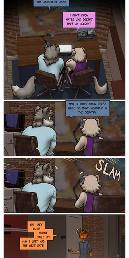 anthro dialogue female group male trio james_howard patreon alphonse_(james_howard) jill_(james_howard) richard_(james_howard) canid canine canis domestic_cat domestic_dog felid feline felis mammal wolf absurd_res comic hi_res