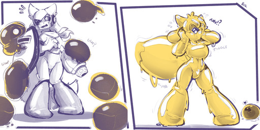1_eye anthro arm_cannon armor before_and_after breasts bulge cosplay goo_transformation group gynomorph hair headgear helmet intersex latex liquid_latex looking_down ranged_weapon science_fiction simple_background slime standing surprised text transformation visor weapon white_background yellow_body bose capcom mega_man_(series) proto_man yellow_devil canid goo_creature mammal 2021 2:1 absurd_res archived_source english_text hi_res