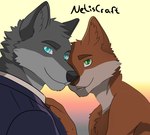 anthro blue_eyes brown_body brown_fur clothing cuddling duo fur green_eyes grey_body grey_fur male male/male romantic romantic_couple suit netiscraft canid canine canis mammal wolf hi_res