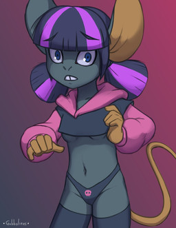 anthro black_clothing black_hair blue_eyes breasts buckteeth camel_toe clothing cropped_hoodie female fur grey_body grey_fur hair legwear navel nervous pigtails pink_clothing purple_hair skull_symbol solo standing stockings striped_hair tail tan_body tan_inner_ear tan_skin tan_tail teeth thong under_boob underwear white_sclera young gabbslines meme_clothing paggi_outfit mammal mouse murid murine rodent hi_res meme