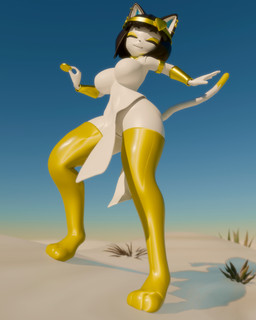 anthro big_breasts black_hair bracelet breasts clothing coin desert ear_piercing egyptian eyes_closed female fur genitals gold_(metal) gold_coin gold_jewelry golden_clothing hair jewelry legwear low-angle_view piercing pussy_peek sand smile solo tabard tail thigh_highs vulva white_body white_fur shimshimakaze flowzel_(modeler) nefer-kitty_(sillyniko) domestic_cat felid feline felis mammal 3d_(artwork) absurd_res digital_media_(artwork) hi_res
