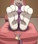 3_toes anthro barefoot breasts clothed clothing dominant dominant_female feet female foot_fetish foot_focus furniture hindpaw inside leash lock open_mouth padlock paws pillow red_eyes slave sofa soles solo stool submissive toes white_body white_feet doopnoop_(artist) undertale undertale_(series) toriel bovid caprine goat mammal hi_res story story_in_description