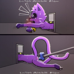 anthro black_eyes blush blush_lines bodily_fluids butt_slap charm_(jewelry) claws fangs fur jewelry long_tail male necklace pupils purple_body purple_fur saliva saliva_string screaming shaking skinny skinny_anthro skinny_male slap solo spank_marks_on_ass spanked_butt spanking stuck stuck_in_door sweat sweatdrop tail tears teeth text white_pupils tinky mob_entertainment poppy_playtime smiling_critters catnap_(poppy_playtime) domestic_cat felid feline felis humanoid mammal 1:1 comic hi_res url