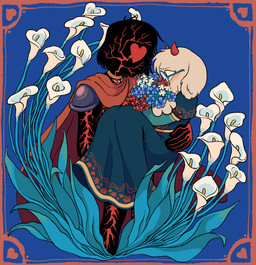 2_horns alternate_costume ambiguous_gender anthro blood_veins blue_background blush border bouquet bridal_carry cape carrying_another clothed clothing crossdressing dress duo eyewear fangs floral_pattern flower glasses heart_symbol holding_bouquet holding_flower holding_object horn internal juliet_sleeves looking_at_another male male/ambiguous plant possession red_border romantic shoulder_armor simple_background smile standing teeth vein x-ray_view hellspawnmotel deltarune undertale_(series) kris_dreemurr player_(deltarune) ralsei bovid caprine darkner goat human lightner mammal soul_(undertale) 2025 hi_res