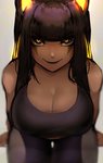 big_breasts biped black_eyes black_hair blonde_hair bra breasts cleavage clothed clothing dark_body dark_skin eye_markings eyelashes female fully_clothed glistening glistening_hair glowing glowing_ears glowing_eyes hair high-angle_view long_hair looking_at_viewer markings multicolored_eyes multicolored_hair simple_background sitting smile solo sports_bra tan_body tan_skin two_tone_hair underwear yellow_eyes animenopls egyptian_mythology middle_eastern_mythology mythology anput animal_humanoid canid canid_humanoid canine canine_humanoid humanoid jackal_humanoid mammal mammal_humanoid hi_res