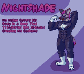 abs anthro bulge clothing flexing fur grey_body grey_fur hair looking_at_viewer male mask muscular nipples null_bulge pecs pink_eyes pink_hair solo spandex_suit standing superhero tight_clothing akadthefox hyena mammal striped_hyena digital_media_(artwork) hi_res model_sheet pixel_(artwork)