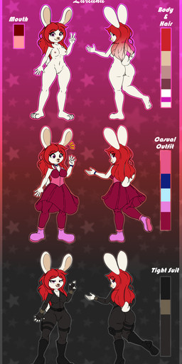 anthro big_breasts boots breasts clothing dress female fingerless_gloves footwear gloves hair handwear long_socks nude purple_eyes red_hair shoes simple_background solo squish text thick_thighs thigh_squish tight_clothing xxkenthewolfxx lagomorph leporid mammal rabbit absurd_res english_text hi_res model_sheet