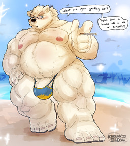 anthro barazoku barefoot beach blue_eyes bulge cigarette clothed clothing detailed_bulge eyewear feet fur gesture glasses hair hand_gesture humanoid_feet humanoid_hands male muscle_tone musclegut muscular muscular_male obese overweight overweight_anthro overweight_male plantigrade pointing ponytail seaside smoking smoking_cigarette speedo speedo_only swimwear text topless white_body white_fur khrunkisillegal lifewonders tokyo_afterschool_summoners leib_(tas) bear mammal english_text hi_res