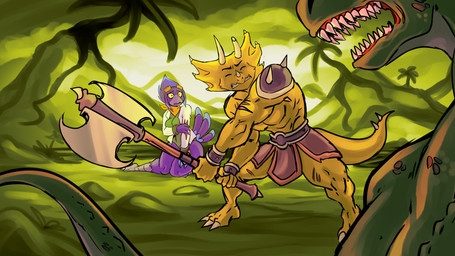 3_toes 5_fingers anthro armor axe big_butt blue_body blue_feathers bottomwear broken_horn butt clothed clothing eyes_closed feathers feet female fingers gauntlets gloves green_body green_clothing green_scales green_shirt green_topwear handwear horn jacket kerchief kneeling loincloth looking_at_another male open_clothing open_jacket open_topwear orange_kerchief purple_body purple_feathers scales sharp_teeth shirt teeth thick_thighs toes topwear white_clothing white_jacket white_topwear yellow_body yellow_scales yellow_sclera cerealharem kyrie_(ultilix) avian bird ceratopsian ceratopsid chasmosaurine dinosaur marginocephalian ornithischian prehistoric_species reptile scalie triceratops 16:9 2025 hi_res widescreen