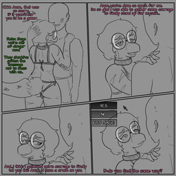 anthro bald bikini biped blush border bruised bruised_face choice choice_question choker clothed clothed_anthro clothed_male clothing comforting crossdressing dialogue duo eyewear feathered_tail feathers femboy fingers glasses grey_border hair hand_on_head hands_on_shoulders happy human_on_anthro humanoid_hands interspecies jewelry looking_at_another male male/male necklace romantic romantic_couple round_glasses short_hair skimpy standing swimwear tail talking_to_another text two-piece_swimsuit visual_novel_interface arsenic_iii cavemanon_studios goodbye_volcano_high ko_op_(game_developer) snoot_game anon_(snoot_game) sage_(gvh) dinosaur dromaeosaurid human mammal microraptor prehistoric_species reptile saurischian scalie theropod 1:1 2023 black_and_grey comic english_text hi_res monochrome