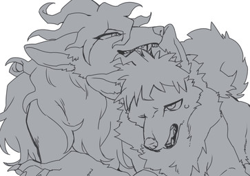 ahoge bodily_fluids claws curled_tail curly_hair duo eyeliner fangs feral gums_(mouth) hair makeup male male/male open_mouth pawpads simple_background smile sweat sweatdrop tail teeth white_background liquidmz danganronpa danganronpa_2 spike_chunsoft hajime_hinata nagito_komaeda canid canine mammal 2018 digital_drawing_(artwork) digital_media_(artwork) greyscale hi_res monochrome