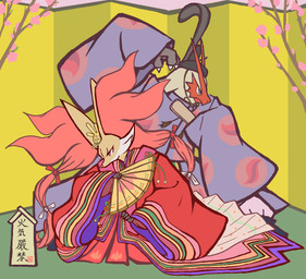 ambiguous_anthro ambiguous_gender anthro asian_clothing cherry_blossom clothed clothed_anthro clothing detailed_background duo east_asian_clothing eyelashes flower front_view hat headgear headwear holding_fan japanese_clothing kimono mouth_closed narrowed_eyes plant pose prunus_(flower) sitting snout standing text gd-058 nintendo pokemon mafo-san avian blaziken canid delphox generation_3_pokemon generation_6_pokemon mammal pokemon_(species) 2017 hi_res japanese_description japanese_text translated_description unavailable_at_source female_(lore)