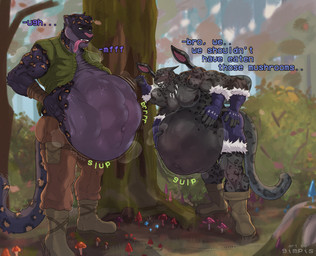 anthro belly big_belly both_pregnant breasts clothed clothing duo fetal_movement fur hair huge_belly inflated_belly inflation male multiple_pregnancies nipples pregnant pregnant_anthro pregnant_male tail gimpis mammal digital_media_(artwork) hi_res