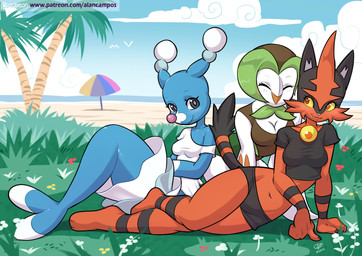 anthro anthrofied beach blue_eyes bottomwear breasts cleavage clothed clothing cute_fangs day detailed_background dress eyes_closed fangs female grass green_hair group hair lying midriff navel non-mammal_breasts orange_eyes outside palm_tree plant pokemorph seaside shorts sky smile split_form starter_trio teeth text tree wide_hips alanscampos nintendo pokemon aquatic avian bird brionne dartrix felid generation_7_pokemon mammal merfolk pinniped pokemon_(species) torracat 2016 url