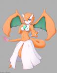 absurd_res anthro breasts charizard dragon fakemon female fire fusion gardevoir generation_1_pokemon generation_3_pokemon green_nipples hi_res horn hybrid korial looking_at_viewer mythological_creature mythological_scalie mythology navel nintendo nipples non-mammal_breasts orange_body orange_skin pokemon pokemon_(species) pokemon_fusion pseudo_clothing scalie simple_background smile solo tail teeth wings