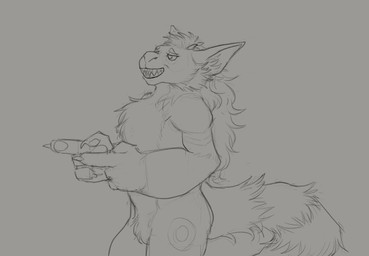 anthro cheek_tuft chest_tuft claws crotch_tuft facial_tuft finger_claws fingerpads fur grin horn male male_anthro markings narrowed_eyes nude pawpads side_view simple_background small_horn smile solo standing striped_markings striped_tail stripes tail tail_markings tuft aduran mythology dragon furred_dragon furred_scalie mythological_creature mythological_scalie scalie hi_res monochrome portrait sketch three-quarter_portrait