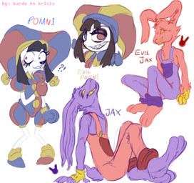 4_fingers clothing fingerless_gloves fingers gloves handwear jester jester_outfit nervous nervous_smile overalls rabbit_ears sharp_teeth sitting sitting_on_ground smug_grin standing teeth text bardo_en_krisis glitch_productions the_amazing_digital_circus evil_jax_(tadc) evil_pomni_(tadc) jax_(tadc) pomni_(tadc) humanoid lagomorph leporid mammal rabbit absurd_res headshot_portrait hi_res portrait