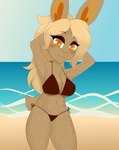 anthro arms_above_head beach bikini blonde_hair blush breasts clothing eyeshadow female hair heart_ears heart_eyes heart_symbol looking_at_viewer makeup orange_eyes orange_nose ponytail seaside smile smiling_at_viewer solo swimwear two-piece_swimsuit tying_hair tiddysoft lagomorph leporid mammal rabbit absurd_res hi_res