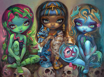 ambiguous_gender ankh bone clothed clothing female feral fin fish_tail green_body green_skin group hair lips looking_at_viewer monster_girl_(genre) multicolored_hair pink_lips plant scales sitting skull teeth thick_lips jasmine_becket-griffith mattel monster_high chewlian_(monster_high) cleo_de_nile hissette_(monster_high) lagoona_blue neptuna_(monster_high) tut_(monster_high) venus_mcflytrap animal_humanoid aquatic aquatic_humanoid canid canine canis characiform cobra domestic_dog elemental_creature elemental_humanoid fish flora_fauna human humanoid mammal piranha_(fish) plant_humanoid reptile scalie serrasalmid snake 2025 acrylic_painting_(artwork) dated formal_art painting_(artwork) traditional_media_(artwork) traditional_painting_(artwork)