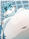 anthro belly big_belly blue_body blush kemono male moobs navel nipples overweight overweight_male pink_nose solo white_body menmen_kesinn felid mammal pantherine tiger 2022 3:4