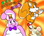 anthro black_nose blue_eyes bodily_fluids bow_tie clothing comlex_background eyes_closed footwear fur gloves green_text group handwear male moobs orange_background orange_body orange_fur orange_text overweight overweight_male pink_nose pink_rabbit pink_text purple_bow_tie purple_eyes red_clothing red_footwear red_shoes shoes simple_background smile socks sweat tan_body tan_fur text trio twirling_tails whiskers white_body white_clothing white_footwear white_fur white_gloves white_handwear white_socks yellow_background yellow_text nishi_oxnard sega sonic_the_hedgehog_(series) miles_prower oxynard canid canine cricetid fox hamster lagomorph leporid mammal rabbit rodent english_text