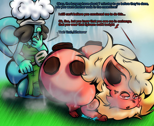 angry anthro anthro_on_feral apron balls bestiality big_butt black_hair blue_body butt chef_hat clothed clothing cooking duo feral food fur genitals hair hat headgear headwear holding_object huge_butt hyper hyper_butt male male/male meat orange_body orange_fur partially_clothed smoking tan_body tan_fur text tuft destiny's_art nintendo pokemon drizzile eeveelution flareon generation_1_pokemon generation_8_pokemon pokemon_(species) hi_res