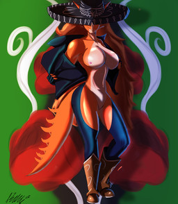 abstract_background anthro areola big_breasts biped black_clothing black_gloves black_handwear black_jacket black_topwear boots breasts brown_boots brown_clothing brown_footwear brown_hair cleavage clothed clothing cosplay cross cross_necklace curvy_figure facial_horn female fingerless_gloves footwear front_view gloves hair handwear hat hat_over_eyes headgear headwear horn hourglass_figure ineffective_clothing jacket jewelry long_hair long_tail multicolored_body multicolored_scales necklace nipples non-mammal_breasts non-mammal_nipples nose_horn open_clothing open_jacket open_topwear orange_body orange_scales partially_clothed_anthro partially_clothed_female scales shoes small_waist smile solo sombrero spiked_tail spikes spikes_(anatomy) tail tan_body tan_scales thick_thighs topwear two_tone_body two_tone_scales voluptuous voluptuous_anthro voluptuous_female wide_hipped_anthro wide_hipped_female wide_hips beltimerperbus cavemanon_studios goodbye_volcano_high king_of_fighters ko_op_(game_developer) snk snoot_game angel_(king_of_fighters) rosa_(gvh) aquilops ceratopsian dinosaur marginocephalian ornithischian prehistoric_species reptile scalie 2025 digital_drawing_(artwork) digital_media_(artwork) hi_res signature