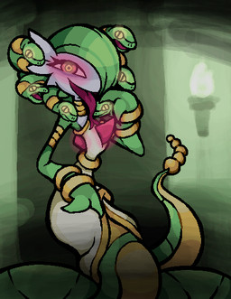 accessory ambiguous_gender apode bracelet chest_spike clothing dress glowing glowing_eyes green_hair green_tail hair half-closed_eyes jewelry legless narrowed_eyes neck_ring open_mouth red_eyes serpentine smile solo spikes spikes_(anatomy) split_form tail tongue tongue_out white_clothing white_dress wristband yellow_eyes fattywapp nintendo pokemon yularie_(fattywapp) draconcopode ekans gardevoir generation_1_pokemon generation_3_pokemon lamia pokemon_(species) reptile scalie snake